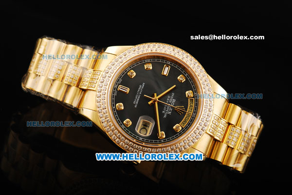 Rolex Day Date II Automatic Movement Full Gold with Double Row Diamond Bezel - Diamond Markers and Black MOP Dial - Click Image to Close
